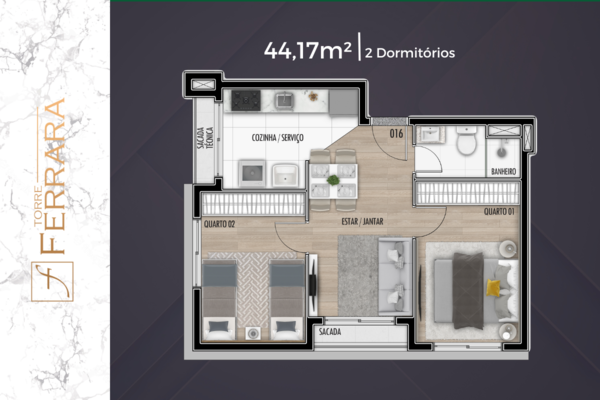 Torre Ferrara_Planta2 Dorm 44m²