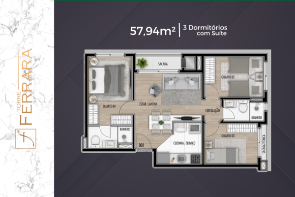 Torre Ferrara_Planta2 Dorm suite 57m²